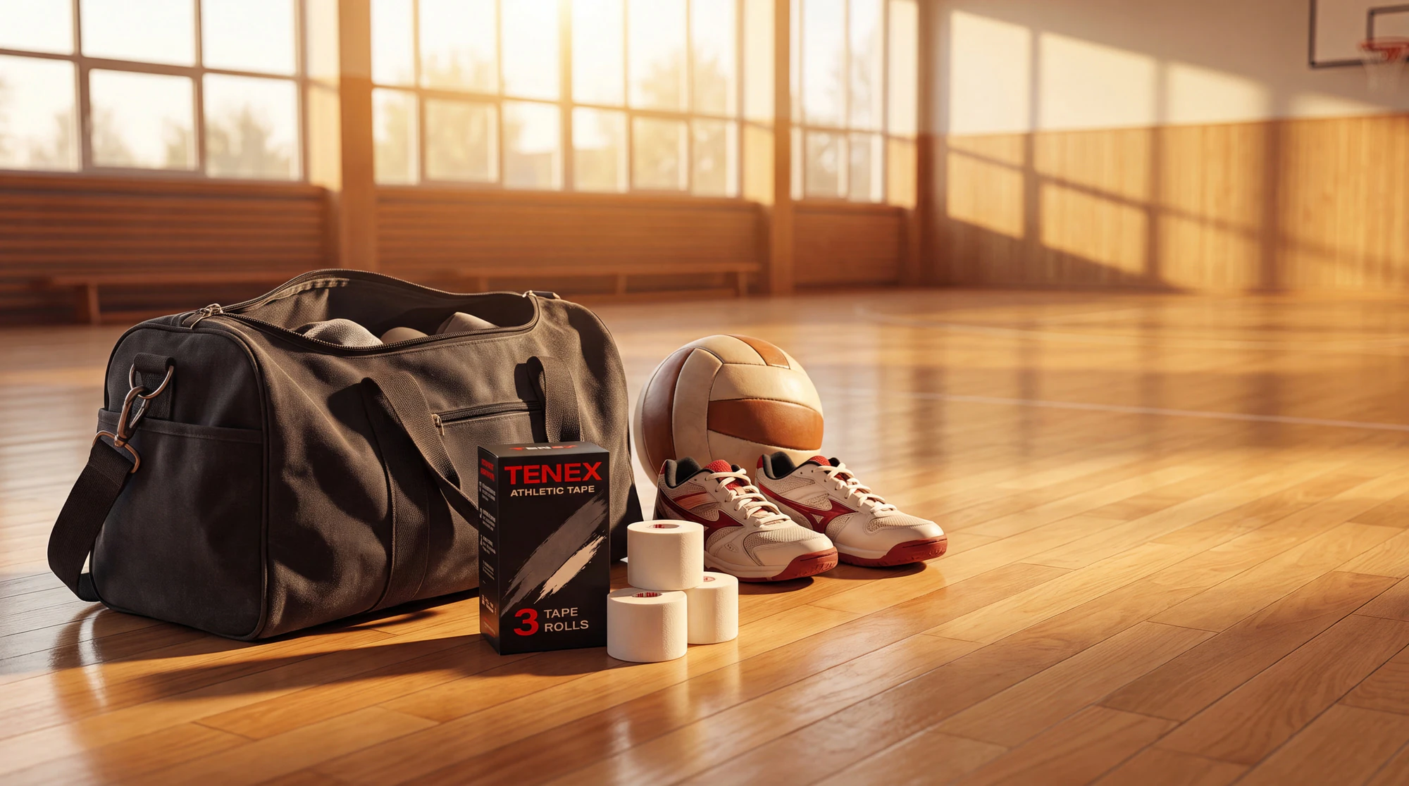 A Tenex Athletic Tape box and three rolls beside a gym bag, a ball and court shoes